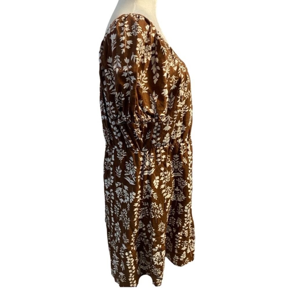 Reitmans Brown Floral Puff Sleeve Mini Dress Cottagecore Size L Linen Blend - Picture 8 of 14